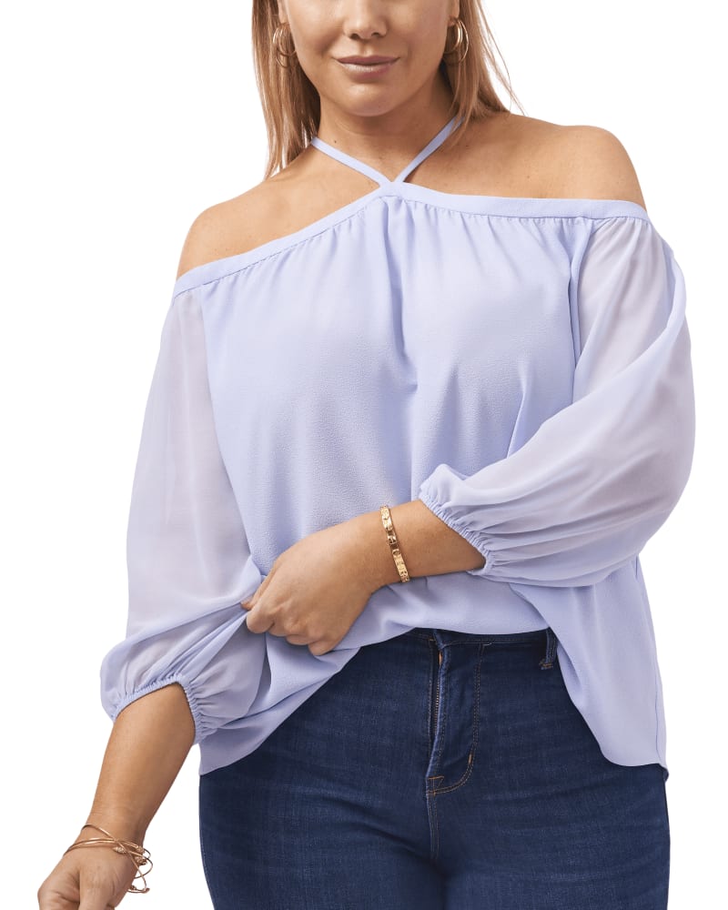 Front of a model wearing a size 1X Clara Off The Shoulder Halter Top in SOFT SKY by 1.State. | dia_product_style_image_id:262005